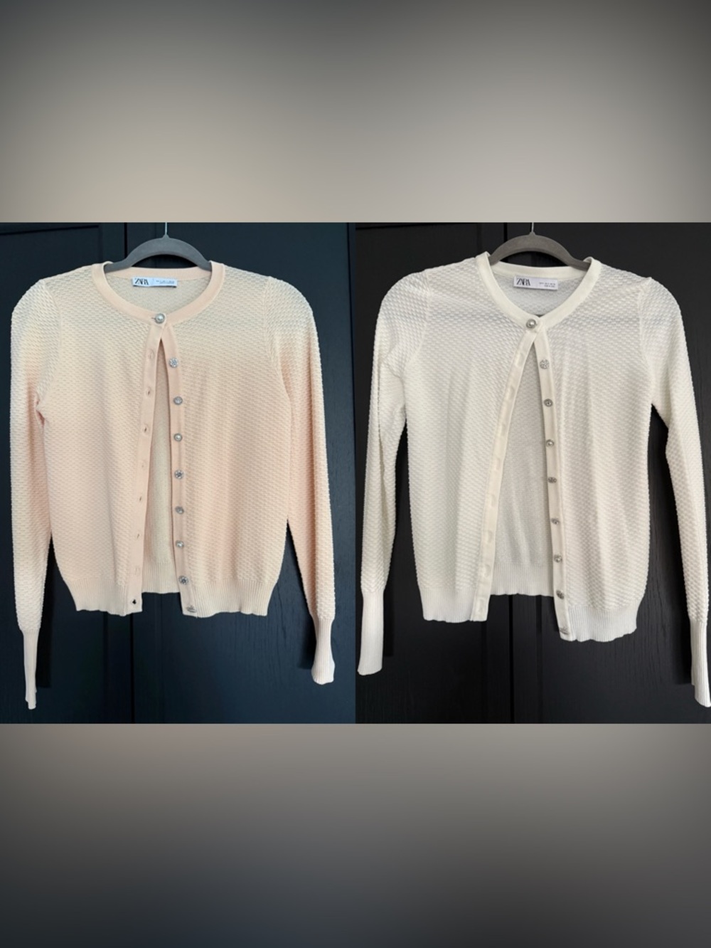 2 Zara Knit Button-Front Cardigans in Cream and Light Peach